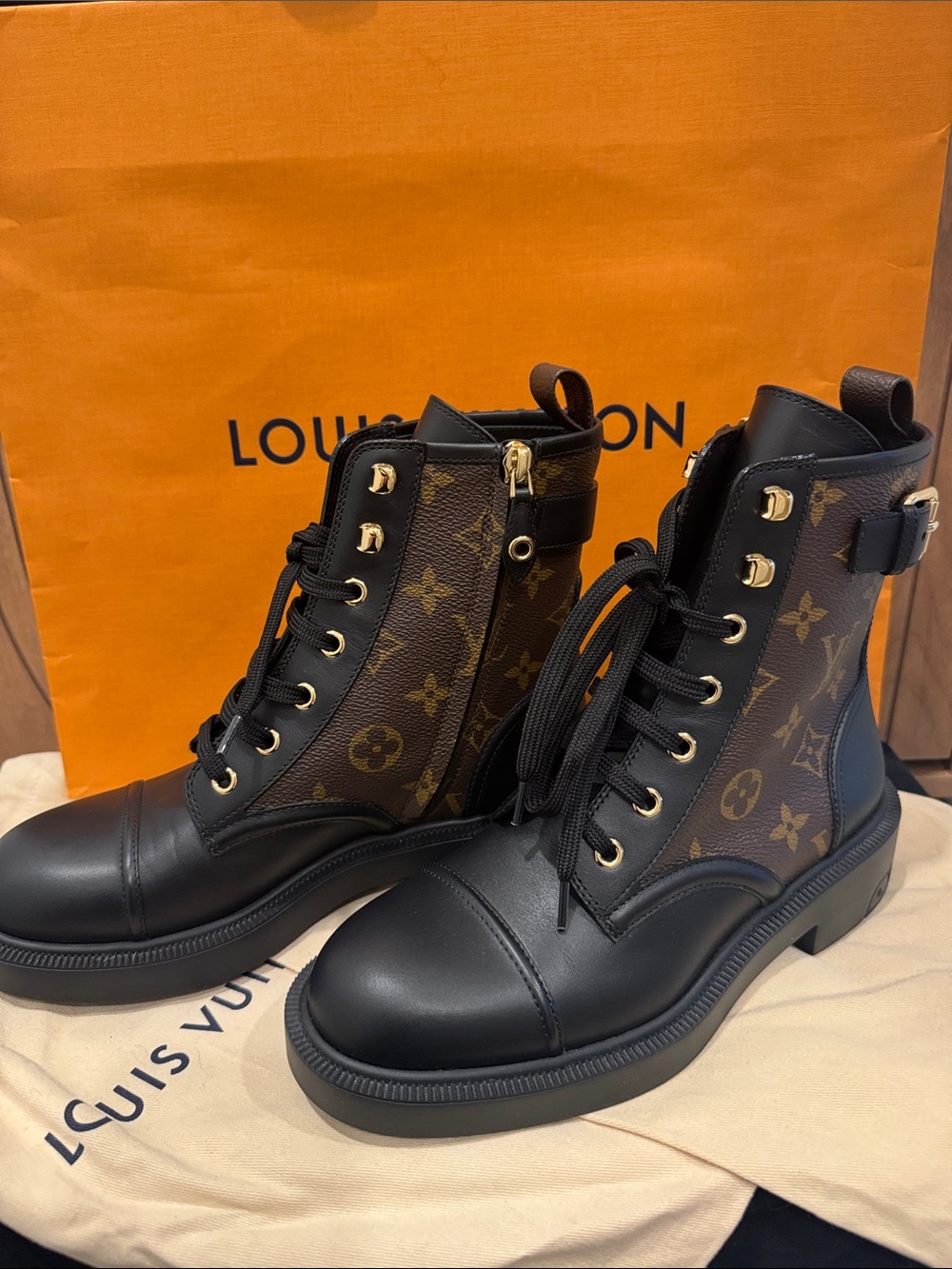 Louis Vuitton Black & Brown Monogram Lace-Up Combat Boots - Women's